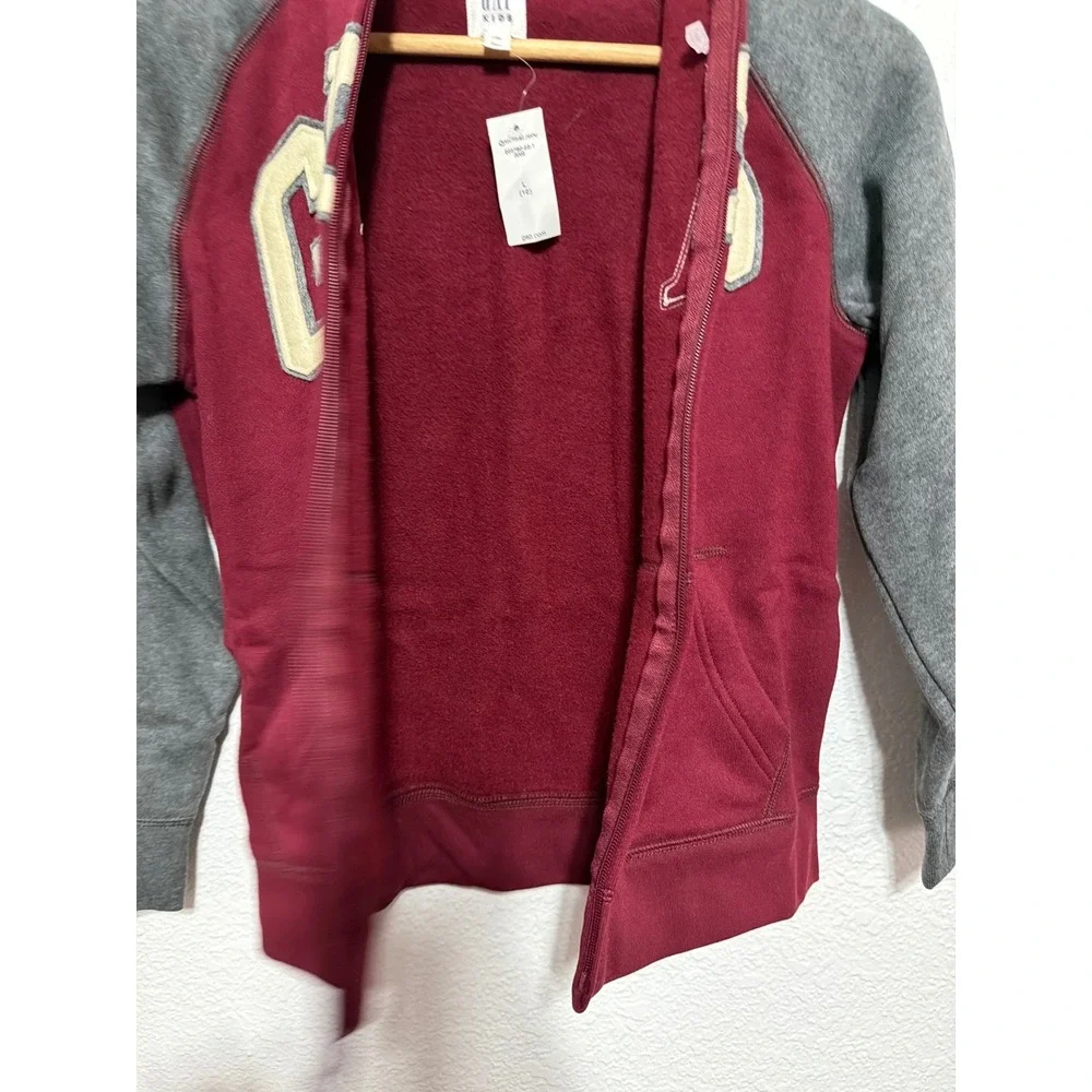 Gap Kids Full Zip Hoodie Burgundy Gray Raglan Logo Fleece Sweatshirt Size L 10